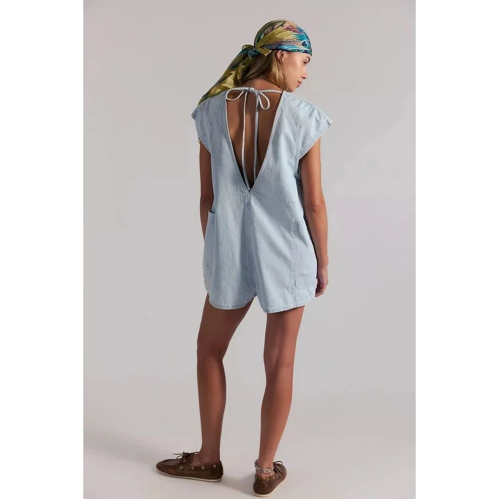 Free People We The Free Fall Denim Romper V-Neck Oversized Cotton Water S 288819